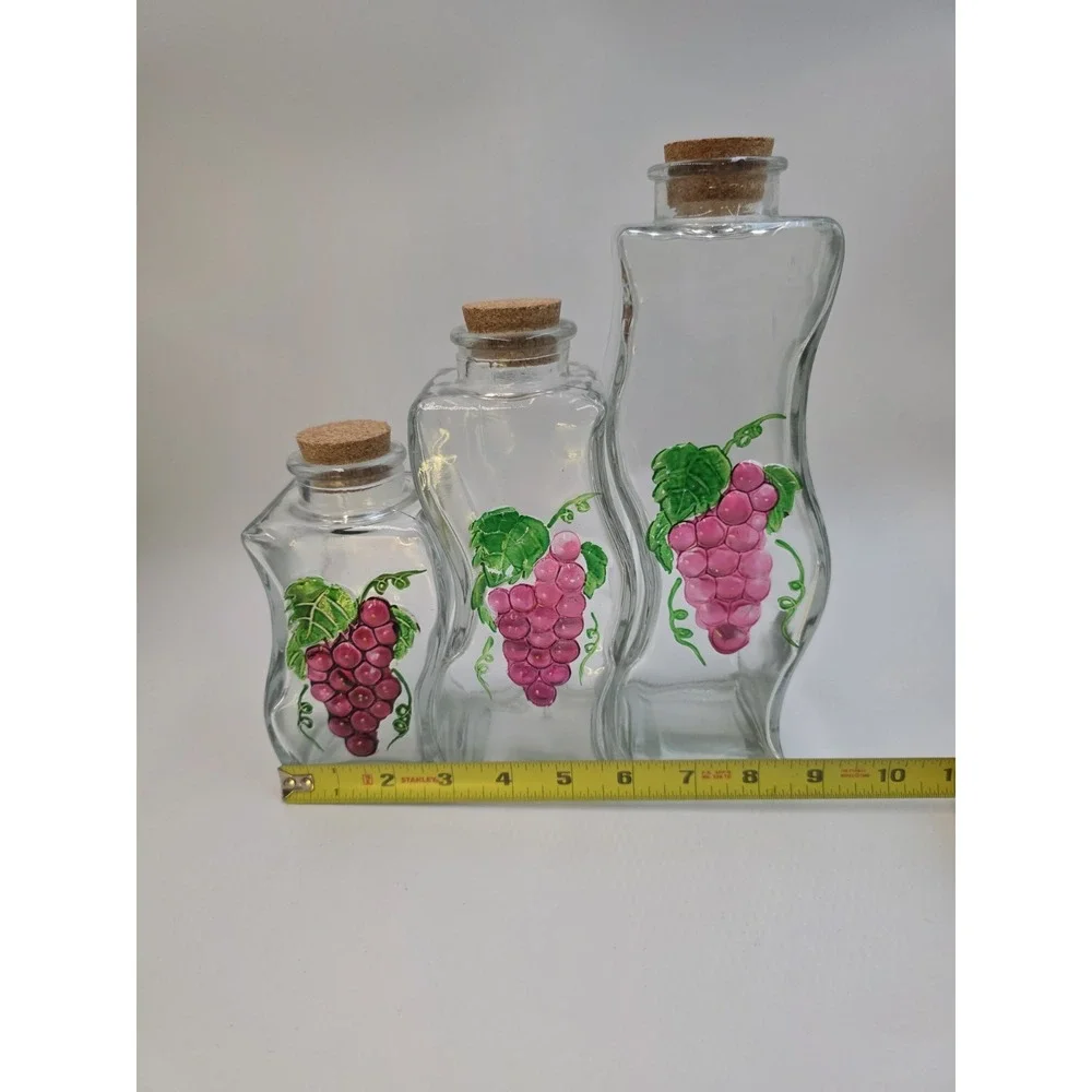 VTG Set 3 Clear‎ Glass Grape Painted Canisters Cork Lids Kitchen Farmhouse Decor